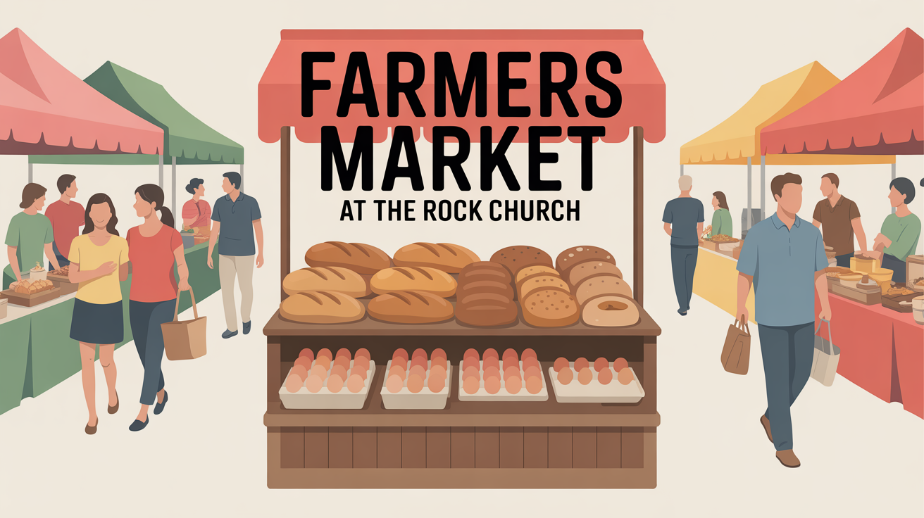 
The title is [Farmers Market at The Rock Church] 
Add a [vendor booth with bread loaves and eggs for sale] in the design 
The background is [families walking and vendor booths]
use pastel colors and a stylish font to match the subject