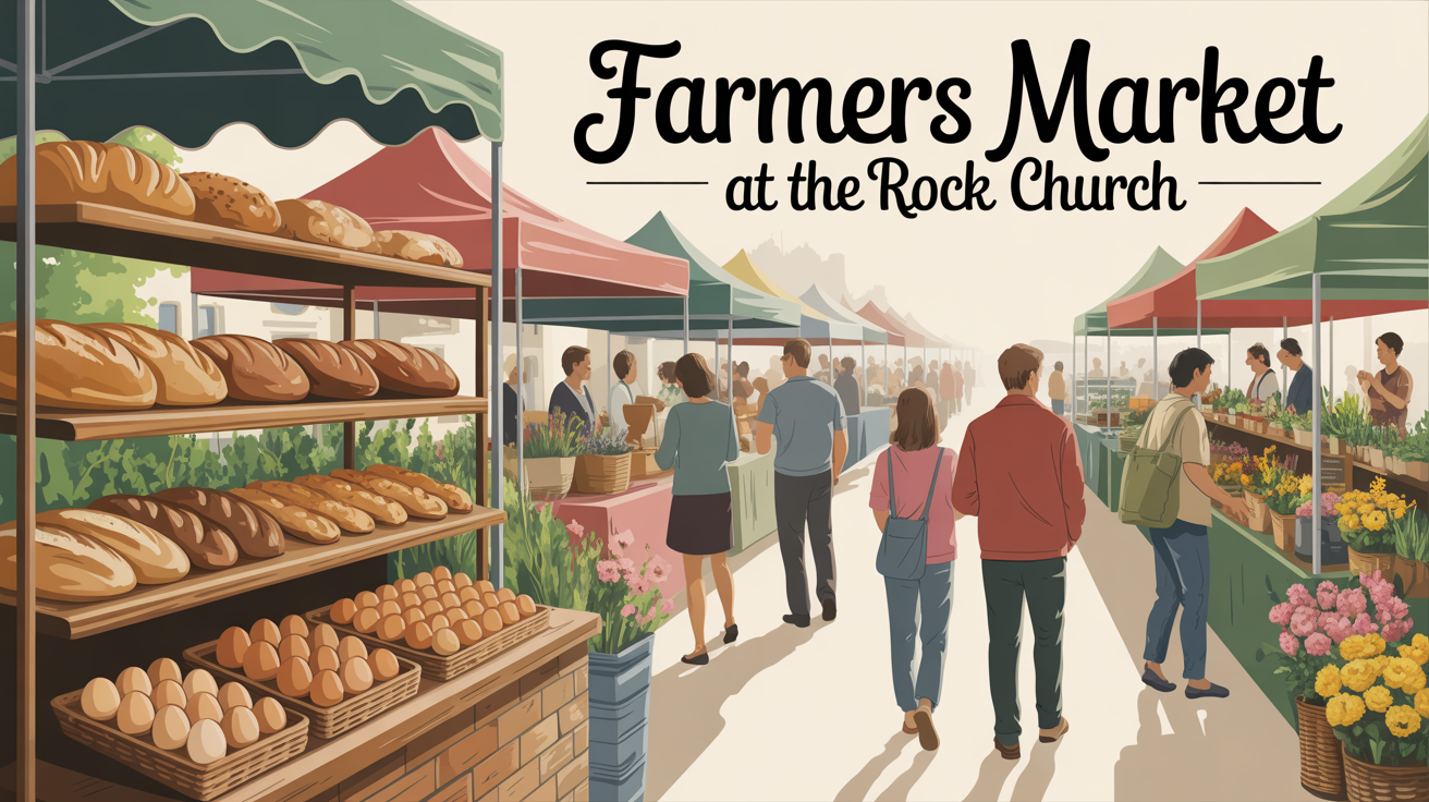 
The title is [Farmers Market at The Rock Church] 
Add a [vendor booth with bread loaves and eggs for sale] in the design 
The background is [families walking and vendor booths]
use pastel colors and a stylish font to match the subject, make it whimsical