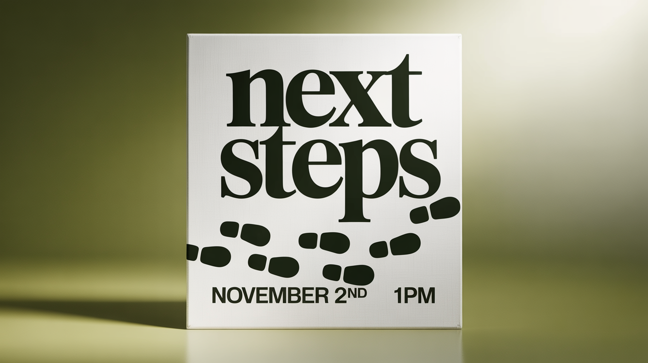 Next Steps  
Add a [footprints] in the design  
The date is [November 2nd] 
The time is [1pm] 
The background is [olive green to off white gradient]