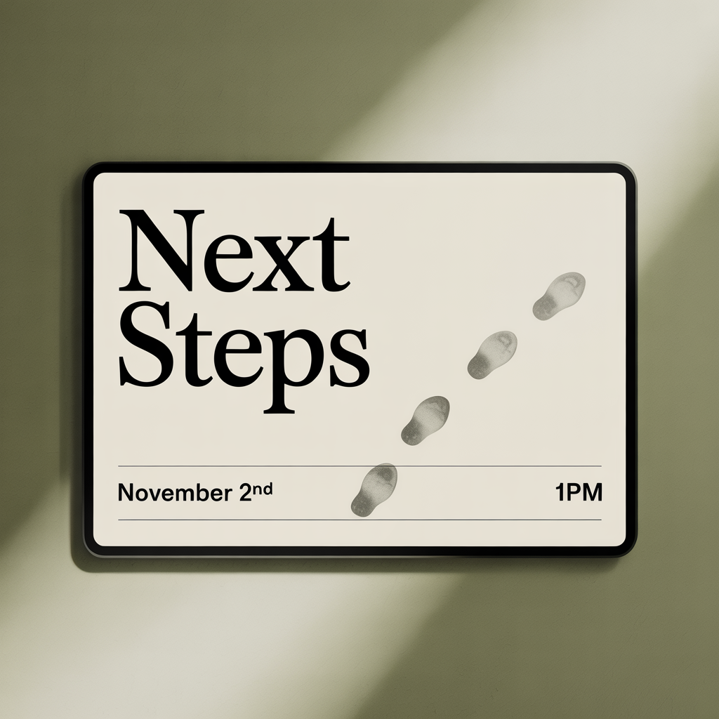 Next Steps  
Add a [footprints] in the design  
The date is [November 2nd] 
The time is [1pm] 
The background is [olive green to off white gradient]